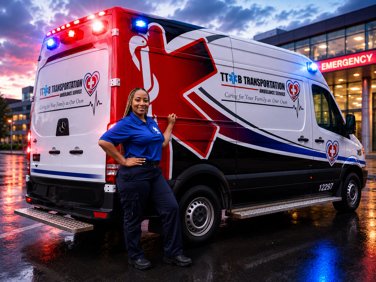 TT&B Transportation Ambulance Service — certified EMT in front of ambulance at hospital emergency entrance